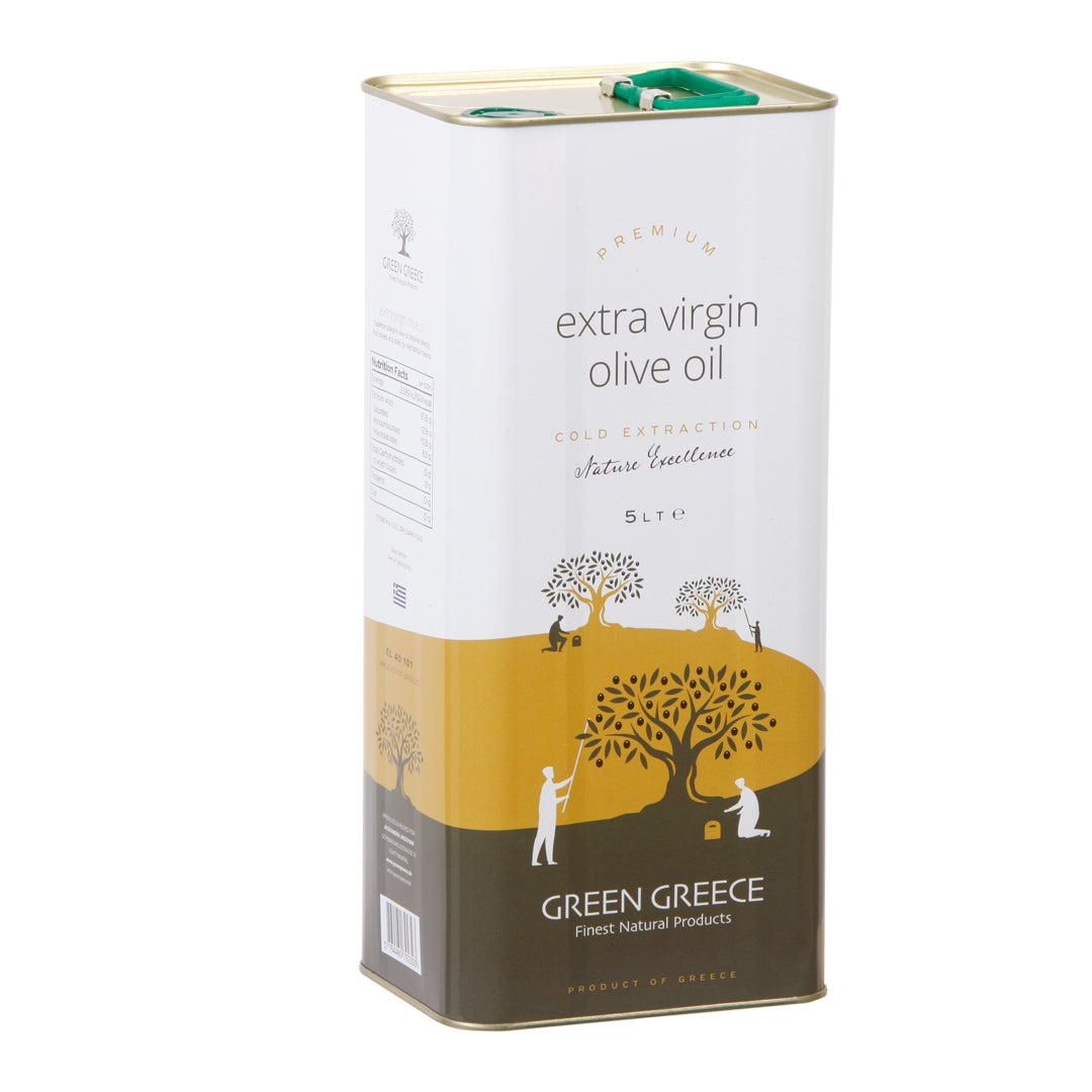 5-Liter-Kanister GREEN GREECE extra natives Olivenöl, kalt extrahiert, mit stilisiertem Olivenbaum-Design auf der Verpackung.