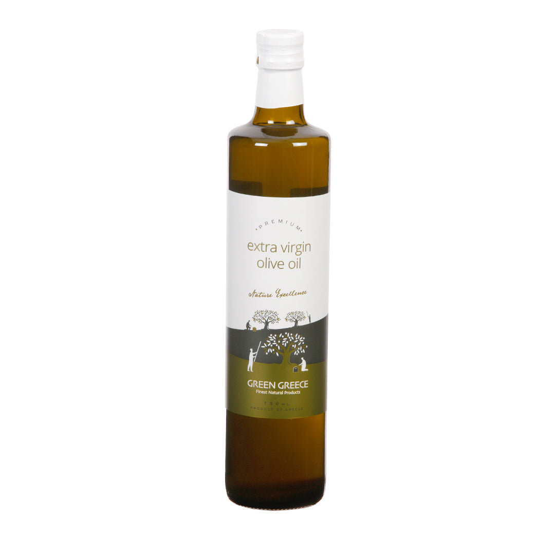 750-ml-Flasche GREEN GREECE extra natives Olivenöl, kalt extrahiert, mit stilisiertem Olivenbaum-Design auf dem Etikett.
