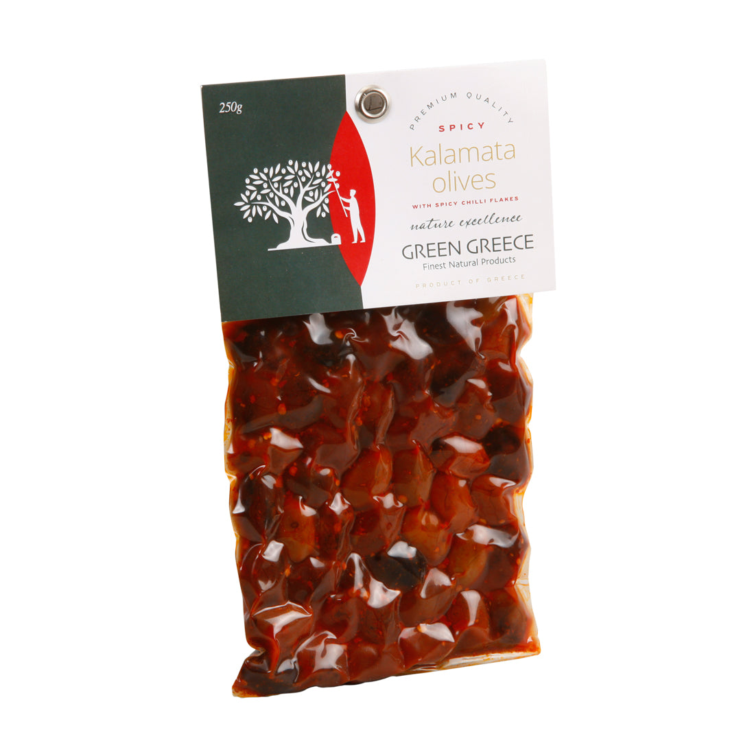 Kalamata Oliven mit Stein 250g, eingelegt in Extra Natives Olivenöl, Scharf-Spicy